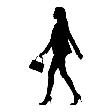 Profilde siyah bir kadın silueti yürürken resmedildi. O bir ceket ve etek giyiyor, topuklu ayakkabı giyiyor ve sol elinde bir el çantası taşıyor. Siluet beyaz bir arkaplanda izole edilmiş, onun biçimini ve hareketini vurguluyor..