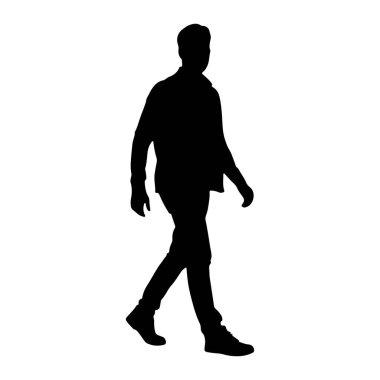 Beyaz arka planda soldan sağa doğru yürüyen bir adamın siyah silueti. O, pantolon, bir gömlek ve ayakkabılar da dahil olmak üzere günlük giysiler giyiyor. Vücudu profilde, yürüyüşünü ve duruşunu gösteriyor..