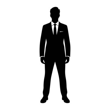 Siyah silueti olan bir adam öne bakıyor. Ceketi, pantolonu, yakalı gömleği ve kravatı olan resmi bir takım elbise giyiyor. Takım elbise, düz beyaz bir arkaplanda keskin bir şekilde tanımlanır..