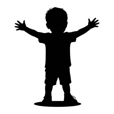 Siyah bir çocuk silueti kollarını yana açmış, avuç içleri öne dönük duruyor. O bir tişört, şort ve ayakkabı giyiyor. Siluet beyaz bir arka planda izole edilmiş, ayaklarının altında bir gölge bırakıyor..