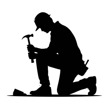 Siyah bir siluet, sert bir şapka ve alet kemeri takan birinin yere diz çöküp çekiçle bir şeye vurduğunu gösteriyor. Küçük bir nesne, muhtemelen bir tırnak ya da keski, kişinin dizinin yanında görülebilir. Görüntü çok net.