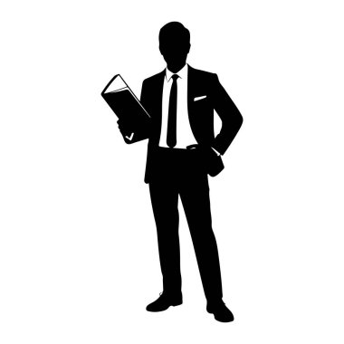Takım elbiseli ve kravatlı bir adamın siyah silueti sol elinde bir belge tutuyor. Sağ eli cebinde duruyor. Siluet beyaz bir arkaplanda izole edilmiş..