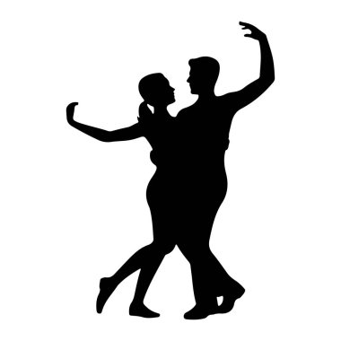 Birlikte dans eden bir çiftin siyah silueti. Erkek ve kadın kucaklaşıyorlar ve hareket ediyor gibi görünüyorlar, kolları açık ve bacakları dans ediyormuş gibi pozisyonda. Arkaplan düz beyaz.