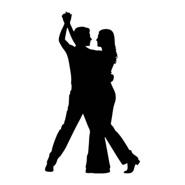 Birlikte dans eden bir çiftin siyah silueti. Erkek ve kadın karşı karşıya, kolları havada ve sarmaş dolaş. Vücutları dinamik bir pozisyonda hareket ve bağlantı olduğunu gösteriyor. Arka plan düz beyaz, f 'yi vurguluyor.