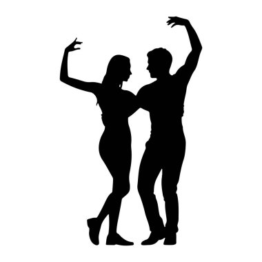 Siyah bir siluet ile dans eden bir adam ve bir kadın. Birbirlerine bakıyorlar, kolları havada ve vücutları dinamik pozlarda. Arkaplan düz beyaz.