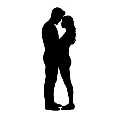 Sarılan bir erkek ve kadının siyah silueti. Alınları birbirine değiyor ve birbirlerine sıkıca sarılıyorlar. Arkaplan beyaz.