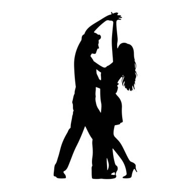 Birlikte dans eden bir çiftin siyah silueti. Adam solda, ve kadın da sağda. El ele tutuşuyorlar ve dans ederken poz veriyor gibi görünüyorlar. Arkaplan beyaz.