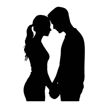 Alınları birbirine dokunurken yüz yüze duran siyah bir siluet. Elleri birbirine kenetlenmiş. Kadının at kuyruklu saçı var. Arkaplan beyaz.