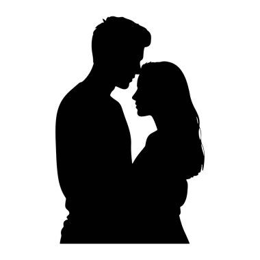 Sarılan bir erkek ve kadının siyah silueti. Adamın alnı kadının alnına değiyor ve kolları kadının etrafında. Kadının başı hafifçe arkaya eğik ve kolları erkeğin boynunda. Arkaplan beyaz.