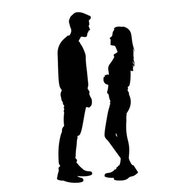 Siyah bir siluet. Bir adam ve bir kadın. Ayakta ve birbirlerine bakıyorlar. Adam solda, ve kadın da sağda. İkisi de tepeden tırnağa tasvir edilmiş. Arka plan bembeyaz..