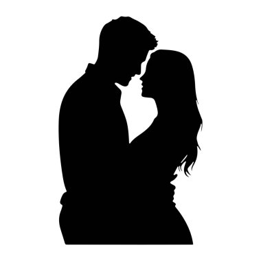 Birbirini kucaklayan siyah bir çift silueti. Adamın kolu kadının beline dolanmış ve birbirlerinin gözlerinin içine bakıyorlar. Arkaplan beyaz.