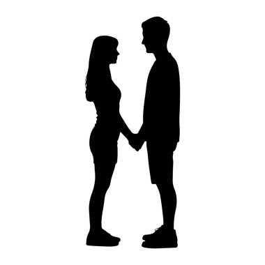 Ayakta duran ve el ele tutuşan bir adamla bir kadının siyah silueti. Birbirlerine bakıyorlar ve birbirlerinin gözlerinin içine bakıyorlar. Kadının uzun saçları var ve elbise ve spor ayakkabı giyiyor. Adam şort ve spor ayakkabı giyiyor. Arka plan... 