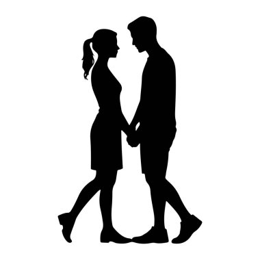 Siyah bir siluet bir adam ve bir kadın karşı karşıya duruyor, el ele tutuşuyorlar. Kadının at kuyruklu saçı var ve elbise giyiyor. Adam şort ve tişört giyiyor. Ayakları birbirine yakın, bu da samimiyeti gösteriyor. Geri kafalı.