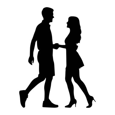 Siyah bir siluet. Bir adam ve bir kadın el ele tutuşup birbirlerine bakıyorlar. Adam şort ve spor ayakkabı giyiyor, kadın ise elbise ve yüksek topuklu ayakkabı giyiyor. Hareket ediyor gibi görünüyorlar, muhtemelen yürüyorlar ya da dans ediyorlar. Arka plan plai.