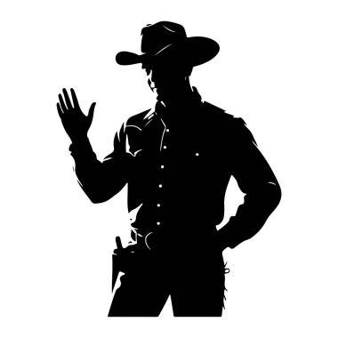 Şapka ve düğmeli gömlek giyen siyah bir kovboy silueti bir el sallayarak duruyor. Kalçasındaki kılıfta bir silah görülüyor. Görüntü, beyaz arkaplana karşı katıksız siyah beyaz bir illüstrasyondur..