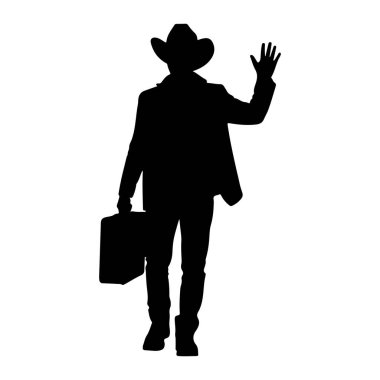 Kovboy şapkası ve takım elbise ceketi giyen birinin siyah silueti beyaz arka planda duruyor. Kişi sol elinde bir evrak çantası tutuyor ve sağ eliyle el sallıyor. Silüet, inek de dahil olmak üzere tüm vücut görünümünü gösteriyor.