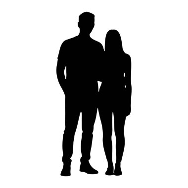 Beyaz bir arka plana karşı yan yana duran bir erkek ve bir kadının siyah silueti. Adam solda, tişört ve pantolon giyiyor, bir eli cebinde. Kadın sağda, etek ve tişört giyiyor. Rakamları soli.