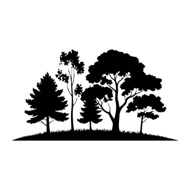 Çeşitli ağaçlardan oluşan siyah bir siluet, çimenli bir tepenin üzerinde beyaz bir zemin üzerinde duruyor. Ağaçlar şekil ve boyut olarak değişkenlik gösterirler, buna uzun bir yeşillik ve tam tepe örtüleri ve görünür dalları olan birkaç yaprak döken ağaç da dahildir. Zemin betimlenmiş.