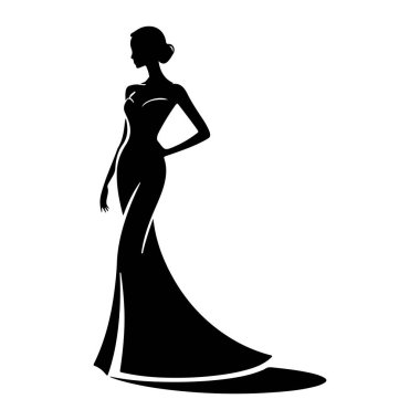 Uzun bir trenle, zarif, zemin uzunluğunda bir gece elbisesi giymiş siyah bir kadın silueti. Kadına bir eli kalçasında poz verdirildi ve başı yana döndü. Arkaplan düz beyaz.