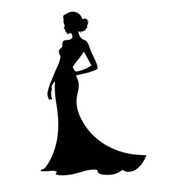 Profilde siyah bir kadın silueti zarifçe duruyor. Yerleri süpüren bir trenle birlikte uzun, dalgalı bir gece elbisesi giyiyor. Saçları updo şeklinde ve bir eli kalçasına yerleştirilmiş. Arkaplan düz beyaz.
