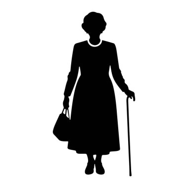 Sağ elinde baston, sol elinde el çantası tutan yaşlı bir kadının siyah silueti. Uzun bir elbise giyiyor ve ileriye bakıyor gibi görünüyor. Arkaplan düz beyaz.