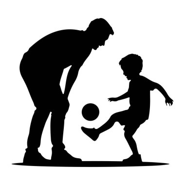 Siyah siluet bir baba ve küçük oğlunun futbol topuyla oynaması. Baba eğiliyor, topa vuran çocuğu izliyor. Resim, beyaz arkaplanda basit bir grafik çizimi..