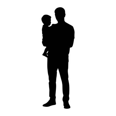 Siyah bir siluet, beyaz bir arka plana karşı ayakta duran ve küçük bir çocuğu kollarında tutan bir adam. Şekiller profilde resmedilmiş, adamın kafası çocuğa doğru hafifçe dönmüştü. Çocuk, erkeğin göğsüne yaslanmış..