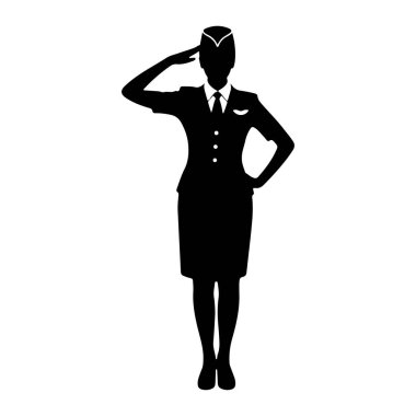 Bir kadın uçuş görevlisinin siyah silueti sağ elini kaldırarak selam veriyor. O bir ceket, etek, yakalı gömlek, kravat ve bir şapkadan oluşan bir üniforma giyiyor. Sol eli kalçasına yerleştirilmiş. Görüntü basit, temiz bir il.