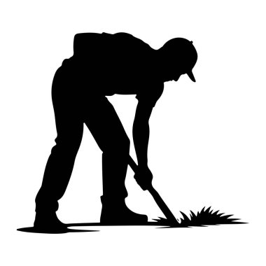 Bahçıvan, bahçıvan eşliğinde siyah siluet kürek çimi kazıyor. Çeşitli uygulamalar için uygun ölçeklenebilir tasarım. Yazdırma ve dijital ortam için uygun ölçeklenebilir vektör biçimi.