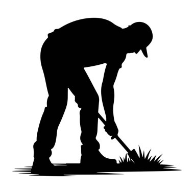 Şapka takan birinin siyah bir silueti eğilmiş, bir kürekle çimleri eşeliyor. Şekil beyaz bir arkaplan üzerine tasvir edilir, stilize çimen bıçakları ve toprak çizgileri kişinin ayakları ve kürek altında görünür.