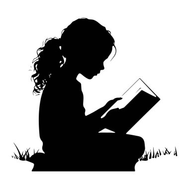 Açık bir kitap okumaya dalmış at kuyruklu siyah bir kız silueti çimlerin üzerinde oturuyor. Görüntü, beyaz bir arkaplana karşı basit bir grafik çizimi, sessiz bir konsantrasyon ve açık havada öğrenme anını betimliyor..