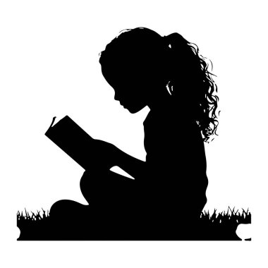 At kuyruklu siyah bir kız silueti çimlerin üzerinde bağdaş kurup kitap okuyor. Resim, beyaz bir arkaplana karşı basit bir grafik gösterimidir.