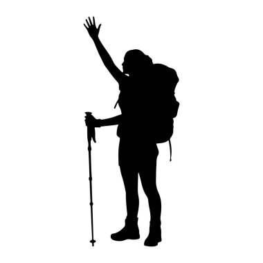 Siyah bir siluet, büyük bir sırt çantası ve yürüyüş direğiyle ayakta duruyor. Kişinin sağ kolu açık bir el ile kaldırılır, el sallar gibi. Siluet beyaz bir arkaplanda izole edilmiş..