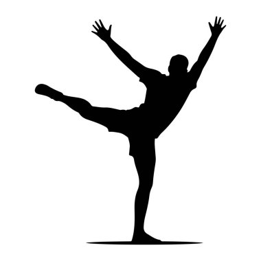 Siyah bir erkek dansçı silueti sol bacağında dengede duran bir pozun ortasında yakalanır. Sağ bacağı geriye ve yukarı doğru uzanıyor, kolları başının üstünde ve parmakları açık. Şekil, bembeyaz bir arka planda resmedilmiş.