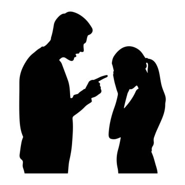 Siyah bir erkek silueti, ağlayan ve elleriyle yüzünü kapatan bir kadını agresif bir şekilde işaret ediyor. Sahne, iki birey arasındaki çatışma ve duygusal sıkıntıyı tasvir ediyor. Siyah figürün katıksız zıtlığı