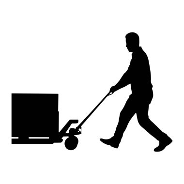 Yandan siyah siluet bir adam tasvir edilir, aktif olarak bir palet kriko iterek. Palet krikosu büyük, koyu dikdörtgen bir nesneyle dolu, muhtemelen kargo. Adamın bedeni öne doğru dönük, hareket ve çabayı gösteriyor.