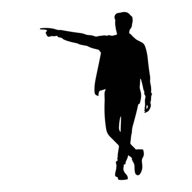 Bacak bacak üstüne atmış, sol kolu sola doğru uzanmış siyah bir siluet. O, ceket ve pantolon da dahil olmak üzere günlük giysiler giyiyor. Arkaplan beyaz.