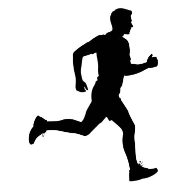 Beyaz bir arka planda orta basamakta koşan siyah bir erkek silueti. Koşucu, kolları bükük ve hareket halinde tasvir edilmiş. Bu da hız ve atletizmi gösteriyor. O şort ve spor ayakkabıları giyiyor. Görüntü temiz, grafik bir gösterim.
