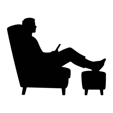 Yüksek bir koltukta oturan bir adamın siyah silueti. Ayakları aynı sedirin üzerinde dinleniyor. Sağ elinde bir uzaktan kumanda tutuyor ve ileriye bakıyor gibi görünüyor. Arkaplan düz beyaz.