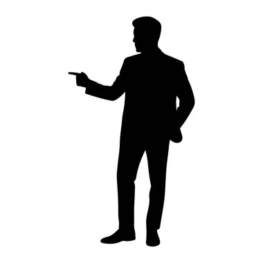Takım elbiseli bir adamın siyah silueti, sağ kolu açık ve işaret parmağı önde sola dönük duruyor. Sol eli cebine tıkıştırılmış. Şekil beyaz bir arkaplanda izole edilmiştir..