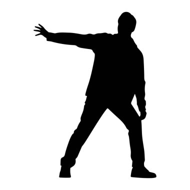 Sol kolu yatay olarak yana doğru uzanmış, avuç içi açık ve parmakları açık siyah bir adam silueti. Vücudu hafifçe açılı, bacakları dinamik bir pozda ayrılıyor. Günlük kıyafetler giyiyor. Pantolon ve ja da dahil.