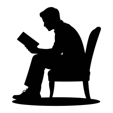 Bir sandalyede oturan ve bir kitap okuyan siyah bir adam silueti tasvir edilir. O, metne konsantre olurken başını hafifçe eğerek sola bakıyor. Sandalyenin yüksek bir arkası var ve döşenmiş gibi görünüyor. Adam pantolon giyiyor ve...