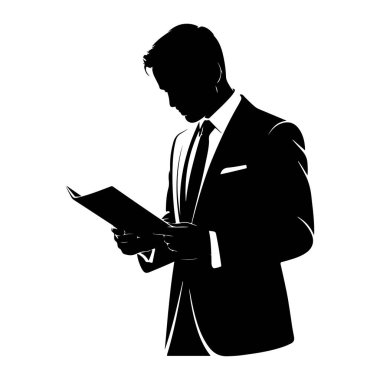 Resmi bir takım elbise, gömlek ve kravat giyen bir adamın siyah silueti beyaz arka planda resmedilir. Elinde bir belge ya da kağıt tutuyor ve dikkatle okuyor gibi görünüyor, başı eğik. Görüntü açık ve net.