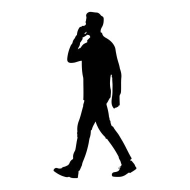 Kulağına cep telefonu dayayıp konuşan bir adamın siyah silueti. O yakalı bir gömlek, pantolon ve ayakkabı giyiyor. Arkaplan düz beyaz.