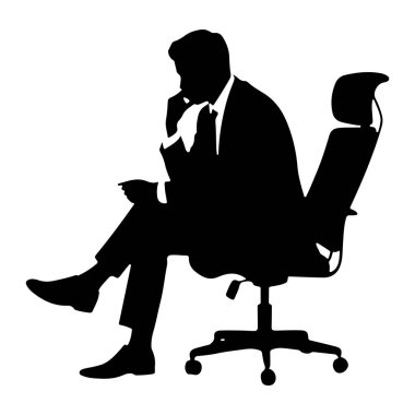 Takım elbiseli ve kravatlı bir adamın siyah bir silueti bir ofis sandalyesinde oturmaktadır. O, bir eli çenesinde dinlenerek hafifçe öne eğiliyor, düşünceli ya da düşünceli bir duruşu işaret ediyor. Bacak bacak üstüne atmış ve ayakkabıları görünür durumda. Şey...