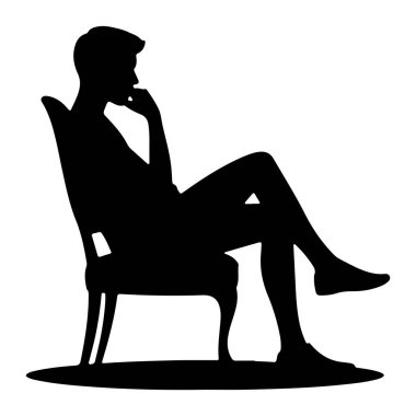 Bir sandalyede oturan siyah siluet bir adam tasvir edilir. Profilde bacak bacak üstüne atmış ve bir eli çenesinde dinleniyor. Düşünceli ya da düşünceli bir duruşu işaret ediyor. Şekil beyaz bir arkaplanda izole edilmiştir..