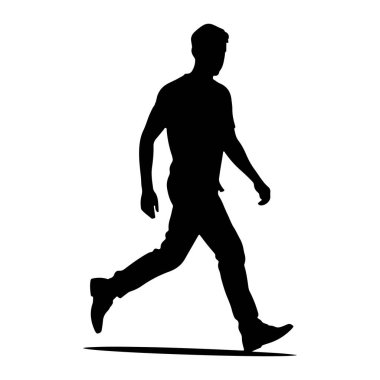 Sıradan giyinmiş bir adamın siyah silueti, düz beyaz bir arkaplanda ileri doğru yürürken resmedilir. Şekil profil olarak gösterilir, bir bacağı açılır ve diğeri eğilir, bu da hareketi gösterir. Adam tişört ve pantolon giyiyor ve... 