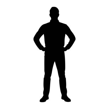 Siyah bir siluet, elleri kalçasında beyaz bir arka planda duran bir adam. Bu figür tepeden tırnağa tasvir edilmiş, bütün vücut pozunu sergiliyor..