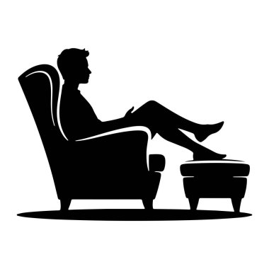 Bir adamın siyah silueti, yüksek sırtlı bir koltukta otururken ve bacakları uyumlu bir ayak sehpasında dinlenirken gösteriliyor. Adam profilde sağa bakıyor, başı hafifçe arkaya eğilmiş. Görüntü basit, beyaz bir grafiktir.