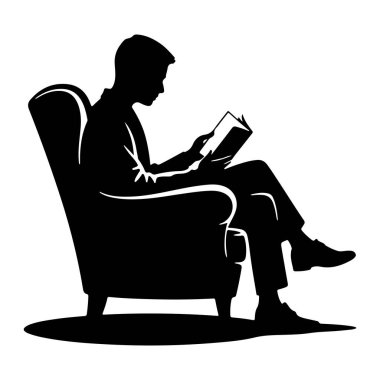 Pofuduk bir koltukta oturan ve kitap okuyan bir adamın siyah silueti. Adam resmi giysiler giyiyor ve sayfalara dalmış durumda. Koltuk büyük ve rahattır, sırtı yüksektir. Sahne düz beyaz bir arkaplan üzerine kuruludur, Em.